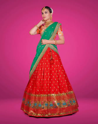 Red Green New Trendy Banarasi Silk  Half Saree For Women