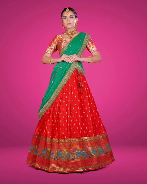 Buy Women's Green,Pink & Orange Embroidered Net & Velvet Lehenga Saree at  Amazon.in