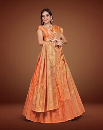 Orange Banarasi Silk Lehenga Choli With Zari Work & Unstitched Blouse For Women By Halfsaree Studio