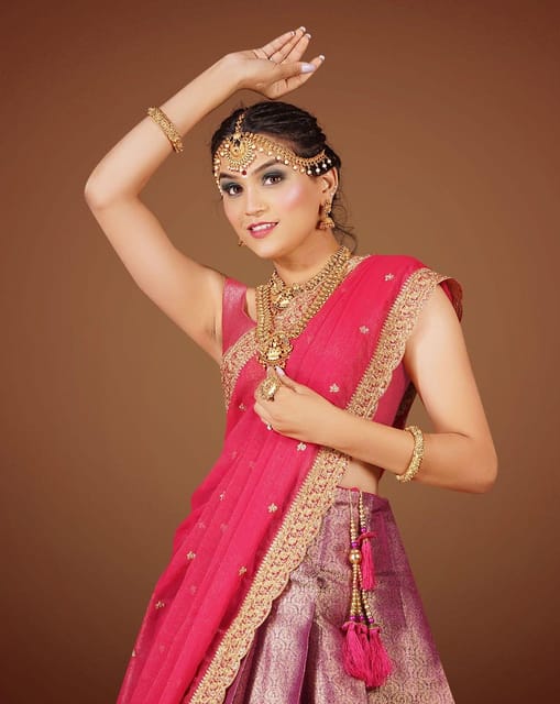 Pink Half Saree Kanjivaram Silk Zari Lehenga Choli - Designerkloth