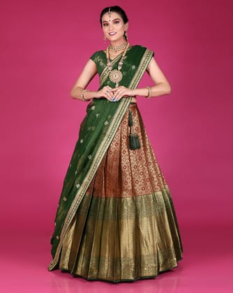 Maroon And Green Is A Banarasi Silk Zari Work Half Saree For Women.