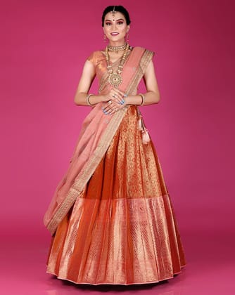 Maroon And Peach Is A Banarasi Silk Zari Work Half Saree For Women.