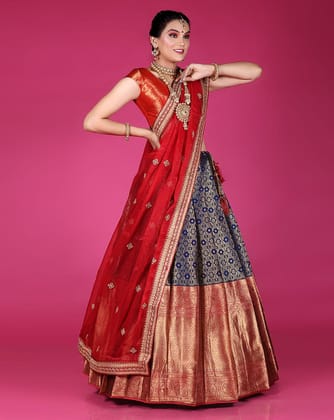 Navy Blue And Red Is A Banarasi Silk Zari Work Half Saree For Women.