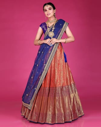 Red And Navy Blue Is A Banarasi Silk Zari Work Half Saree For Women.