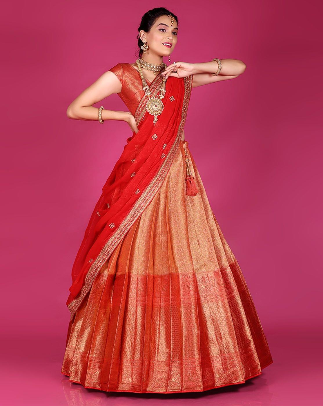 Peach And Red Is A Banarasi Silk Zari Work Half Saree For Women.