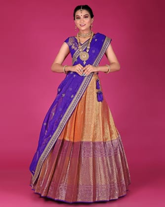 Yellow And Purple Is A Banarasi Silk Zari Work Half Saree For Women.