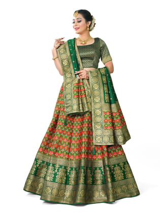 Bottle Green Banarasi Silk Patola Design Lehenga