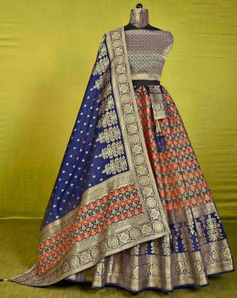 Traditional Banarasi Silk Patola Design Lehenga with contrasting Dupatta and Unstitched Blouse