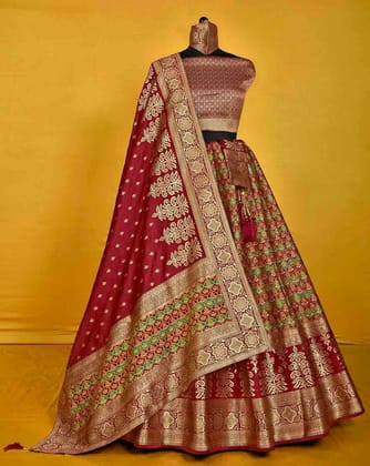 Traditional Banarasi Silk Patola Design Lehenga with contrasting Dupatta and Unstitched Blouse