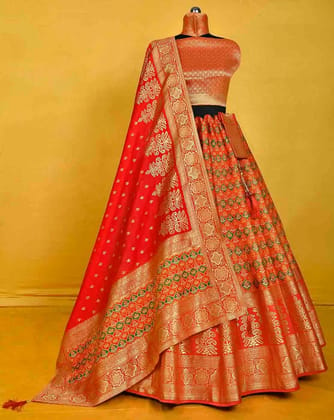 Traditional Banarasi Silk Patola Design Lehenga with contrasting Dupatta and Unstitched Blouse