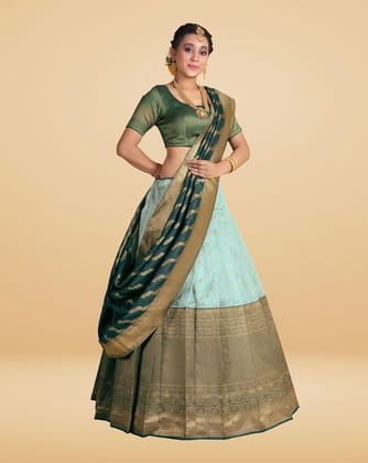 Bottle Green Banarasi Silk Zari Woven Half Saree And Lehenga Choli