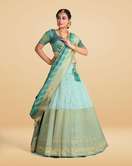 Sky Blue Colour linen Checked With Butta Half And Half sarees