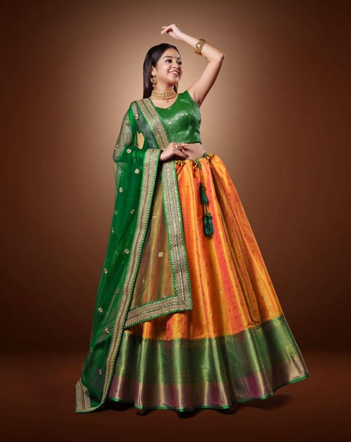 Buy HALFSAREE STUDIO Latest and Trendy Green Banarasi Silk Semi-Stitched  Lehenga Choli and Half Saree at Amazon.in