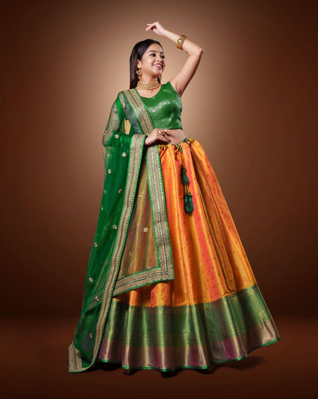 Bottle Green And Gold Shaded Half Saree - ANJU SHANKAR LABEL