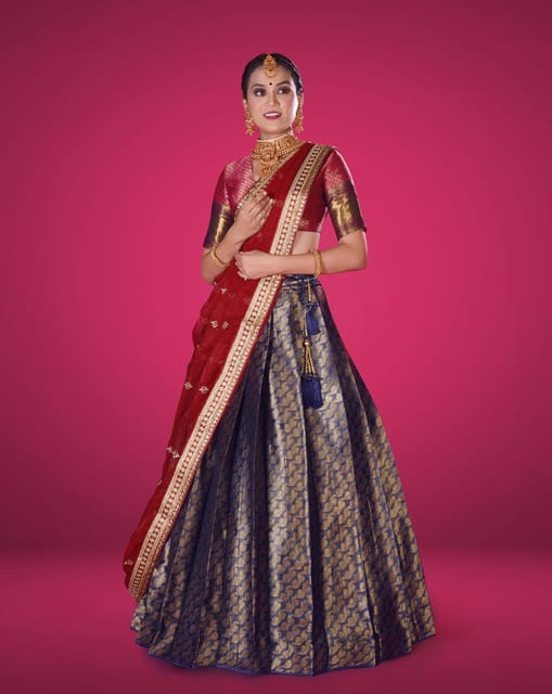 Semanti- navy blue ivory blue classical kanjivaram Jacquard half saree