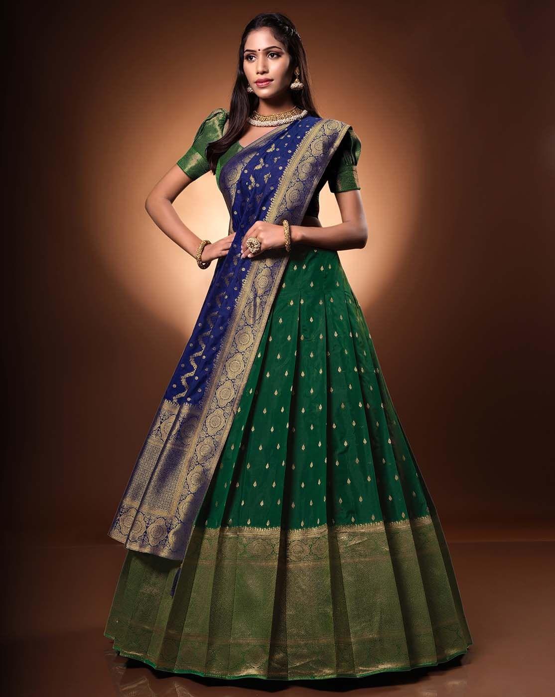 Green And Navy Blue Banarasi Silk Zari Woven Lehenga Choli