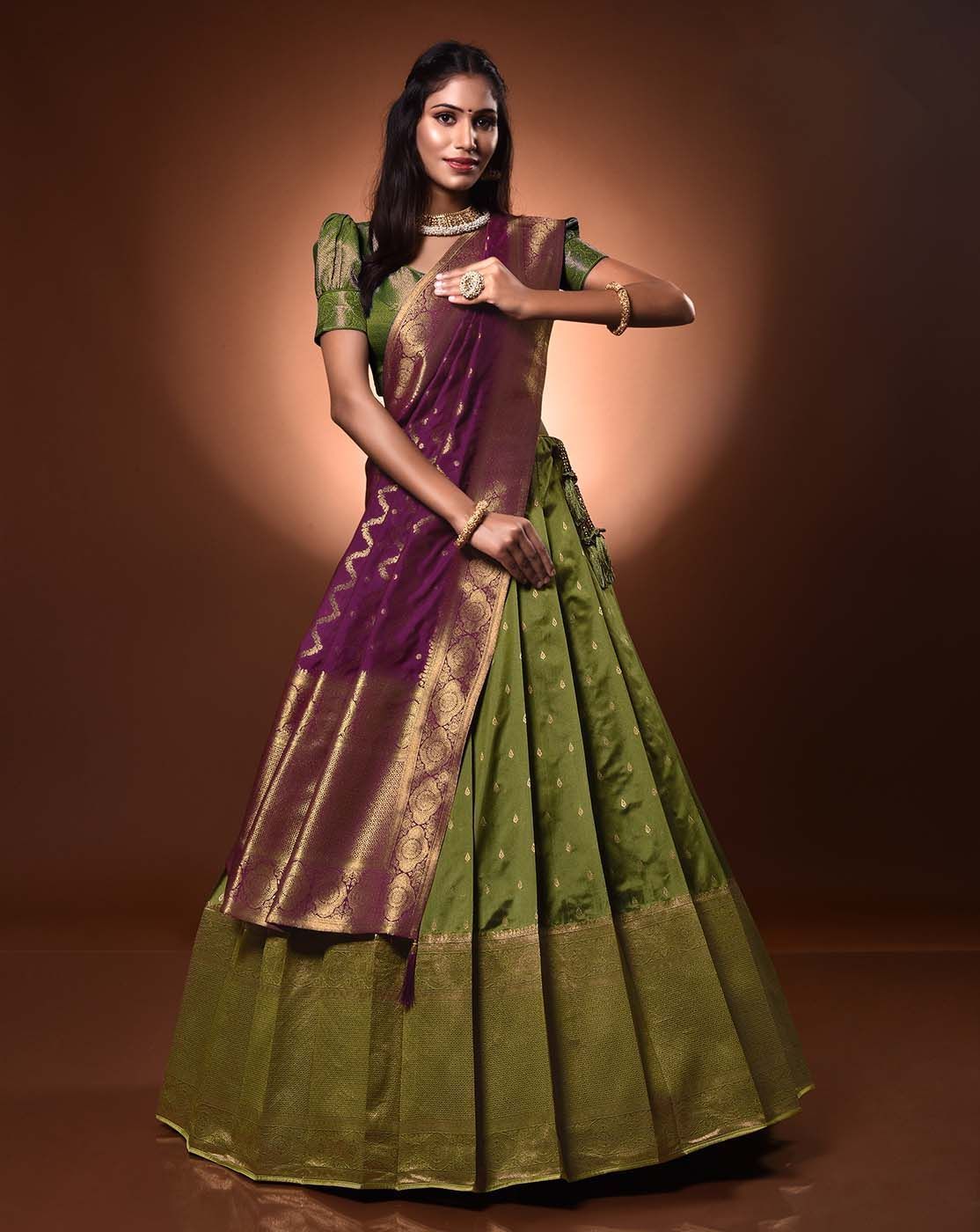 Banarasi Silk Semi-Stitched Half Saree With Dupatta And Unstitched Blouse