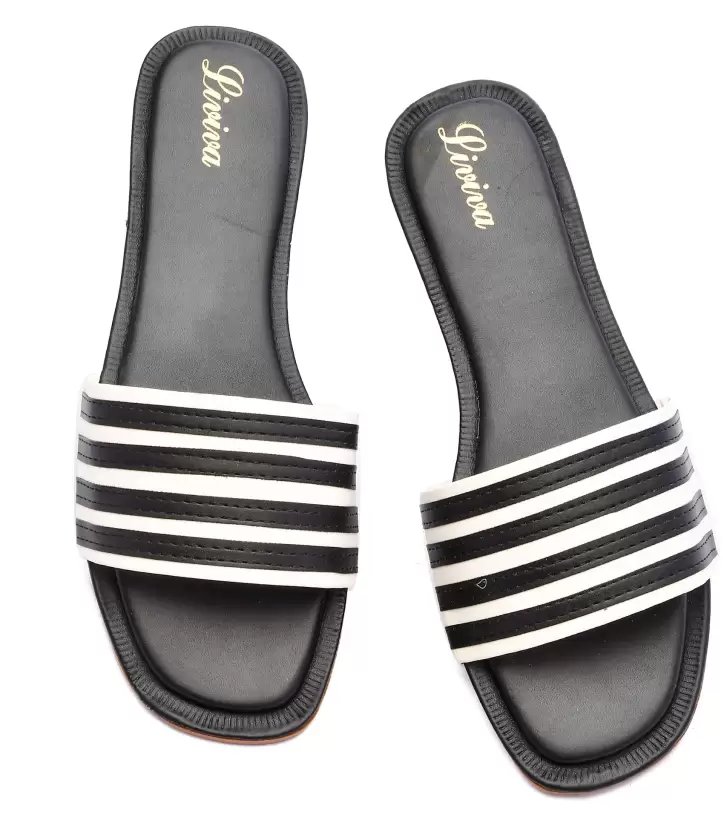 Women Black, White Flats Sandal