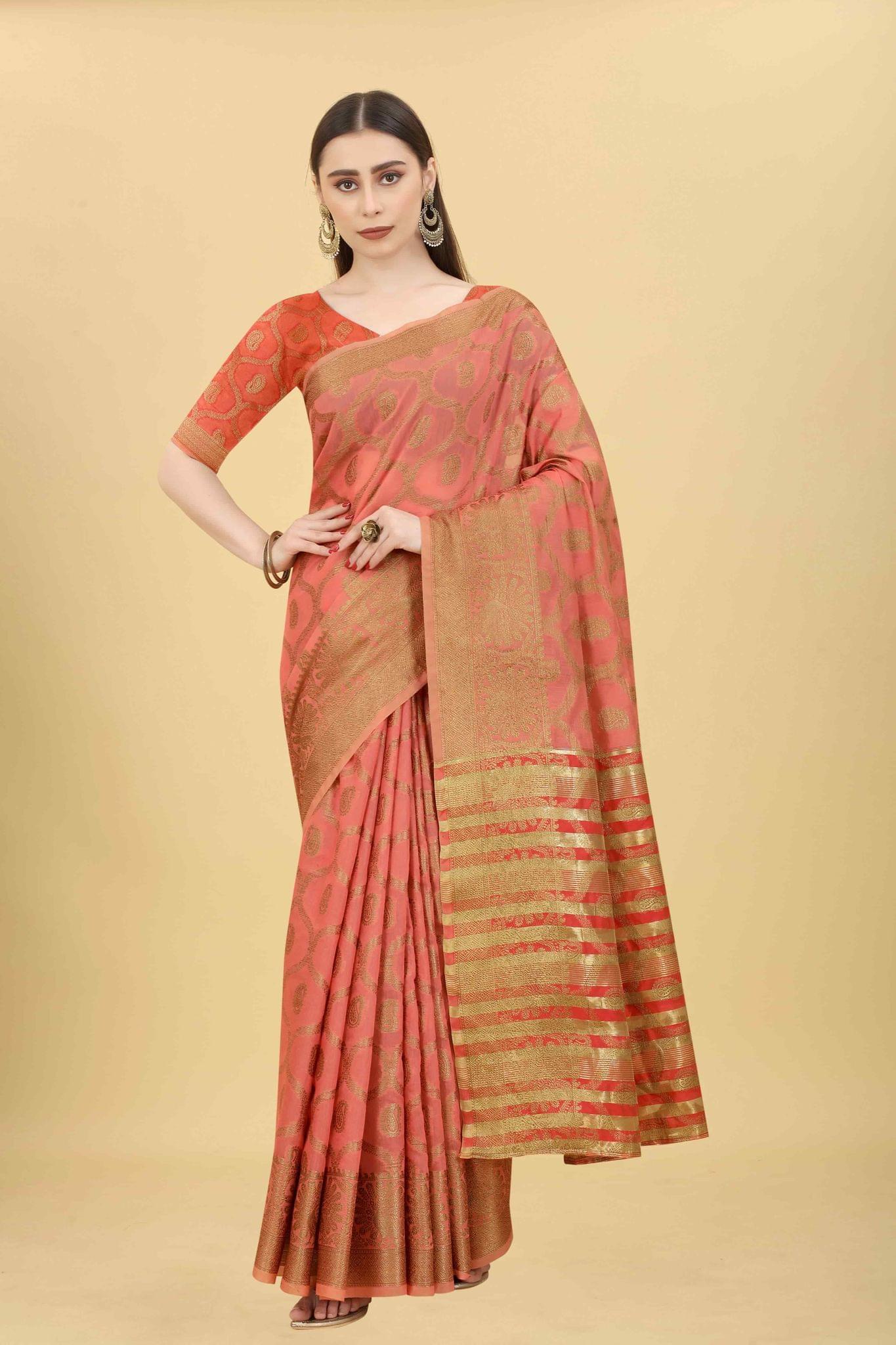 Women's Floral Cotton blend Saree With Blouse Piece