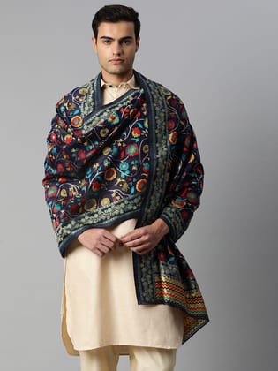 Men Navy Blue and Gold Toned Pure Cotton Dupatta With Embrodried Woven Design