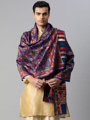Men Blue and Gold Toned Pure Cotton Dupatta With Embrodried Woven Design