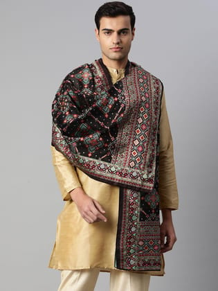 Men Black and Gold Toned Pure Cotton Dupatta With Embrodried Woven Design
