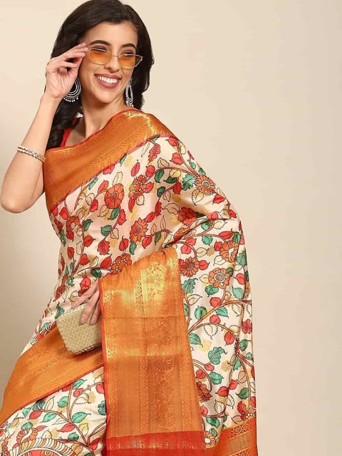 Buy Silk Land Women Kalamkari Printed Soft Silk Saree with Unstitched  Blouse - Pink online