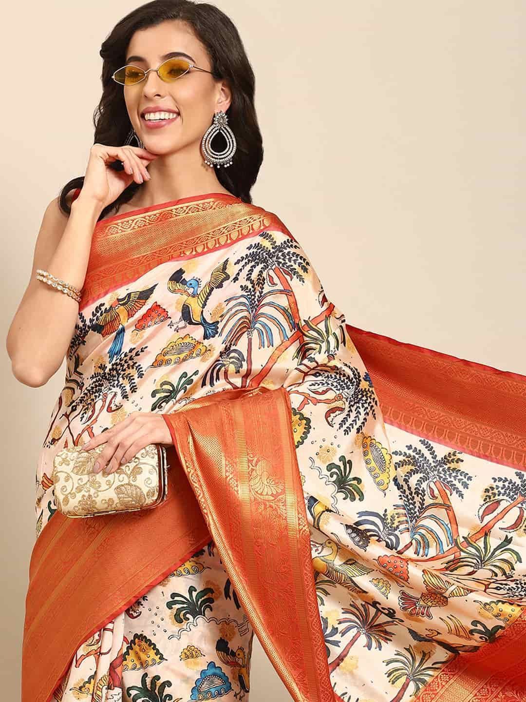 Women's Kalamkari Print with Regal Weave Silk Saree With Unstiched Blouse Piece