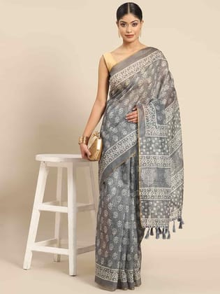 Women's Pure Cotton block print saree with unstiched blouse piece