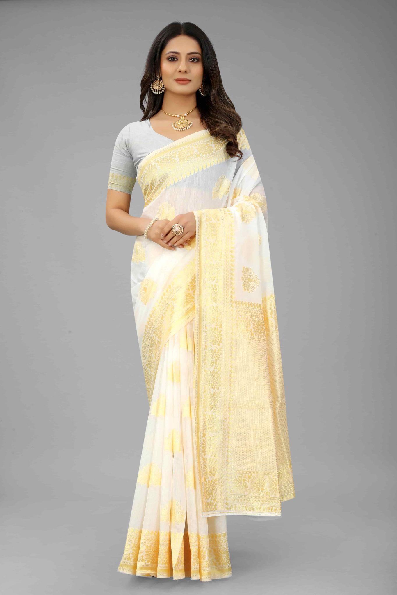 Women's Pearl White Kanjiwaram Art Silk Saree With Unstiched Blouse Piece