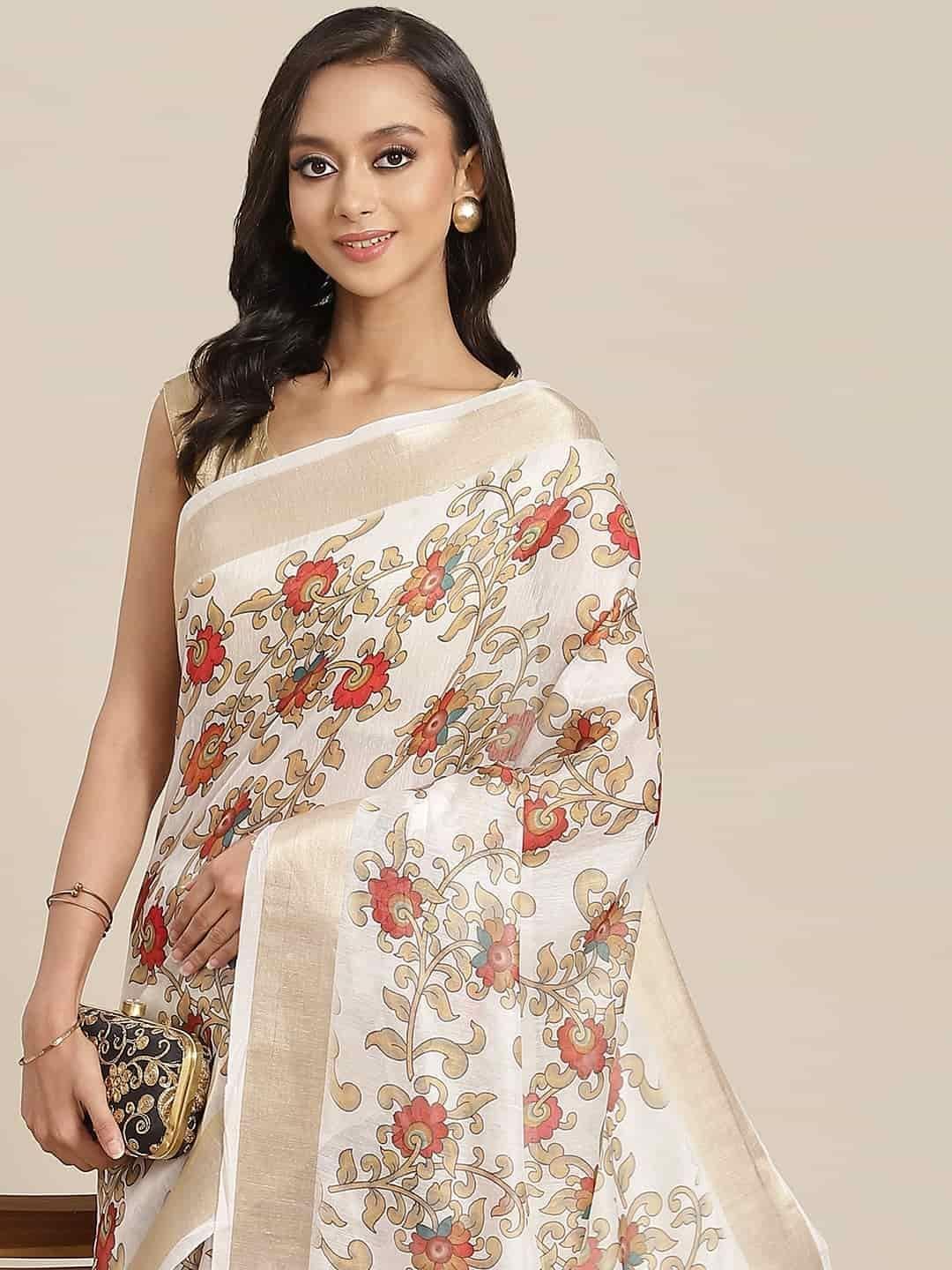 Women's Coral White Zari Woven Digital Print Design With Unstiched Blouse Piece