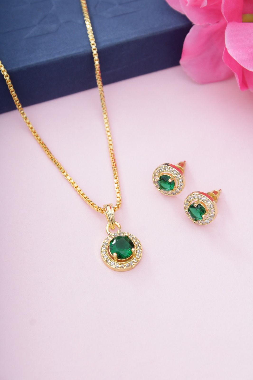 Golden plated Simple Pendant For Girls & Women | Green colour cz pendant