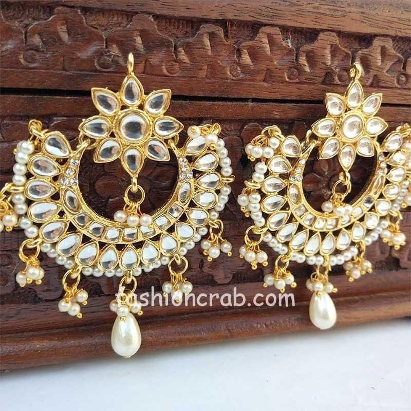 Blue Color Enamel Pearl Embellished Chandbali Earring by FashionCrab