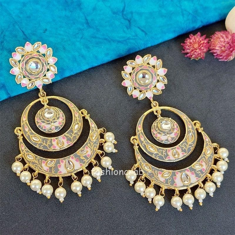 Grey Color Meenakari Chandbali Earring by FashionCrab