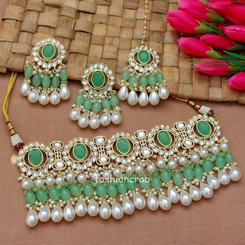 Green Colour Meenakari Choker Necklace Set for Lehenga by FashionCrab