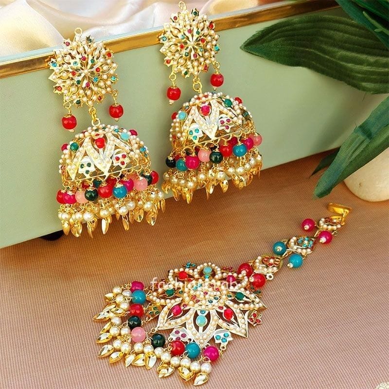 Jadau Earrings Tikka Jadau Gold Plat Navrattan /india Punjabi Tikka Set/  Punjabi Multicolor Indian Jewellery/muslim Jhumki Set - Etsy