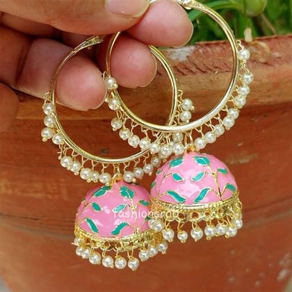 Blue Color Enamel Pearl Embellished Chandbali Earring by FashionCrab