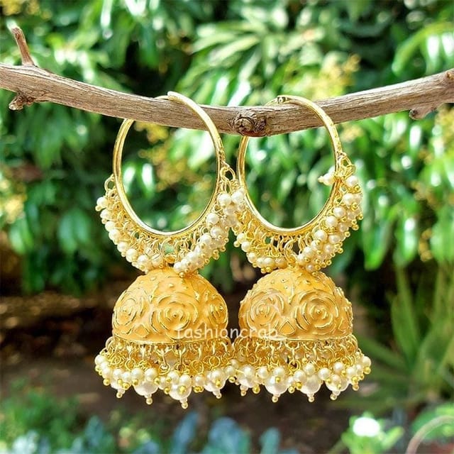 Vartika Saree Jewellery Golden Earrings Peacock Designs Pearl Studded Gold  Plated Jhumka Earrings Pearl Brass Earring Set