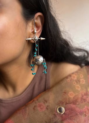 Vanshni long silver danglers with ear chain and turquoise beads