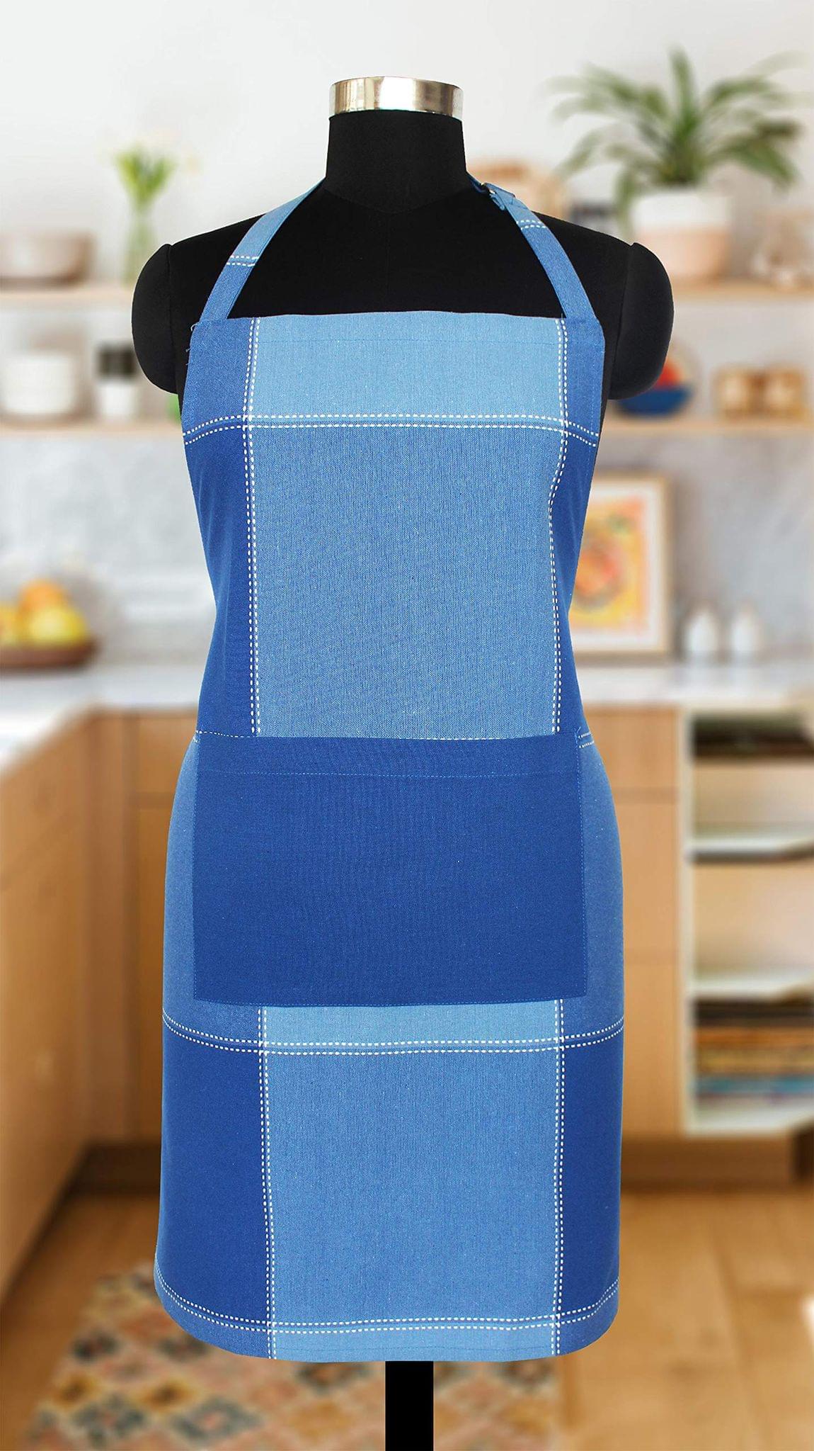 AIRWILL Cotton Checkered Design Blue Color Apron (Pack of 1pc)