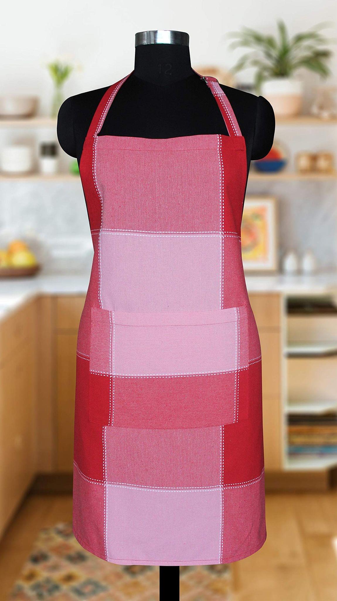 AIRWILL Cotton Checkered Design Red,Pink Color Apron (Pack of 1pc)