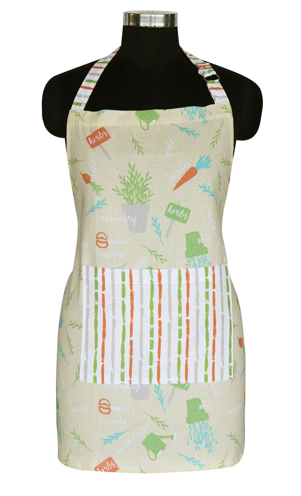 AIRWILL, 100% cotton designer aprons, sized 65cm in width and 80cm in length with 1 center pocket, adjustable buckle on top and 2 long ties on both 2 sides. Pack of 1 piece.