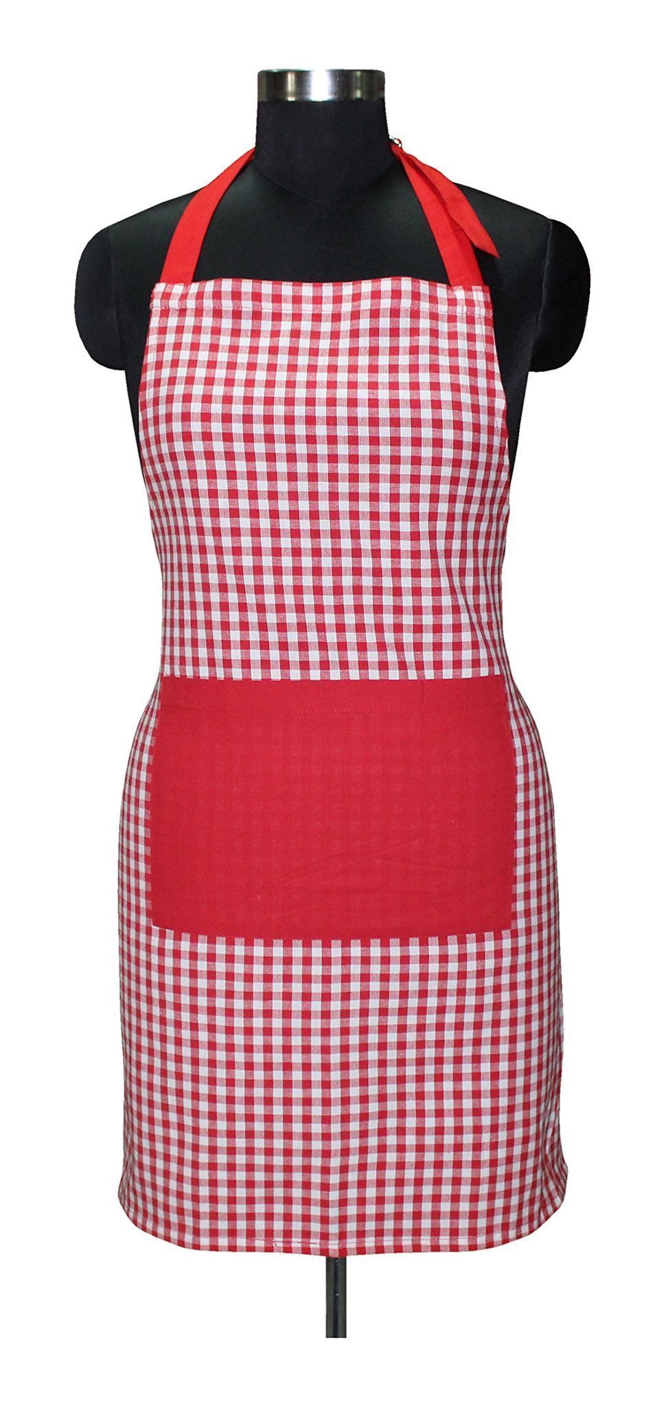 AIRWILL, 100% Cotton Designer Check Weave Aprons, Sized 65cm in Width & 80cm in Length with 1 Center Pocket, Adjustable Buckle on Top and 2 Long Ties on Both 2 Sides. Pack of 1 piece