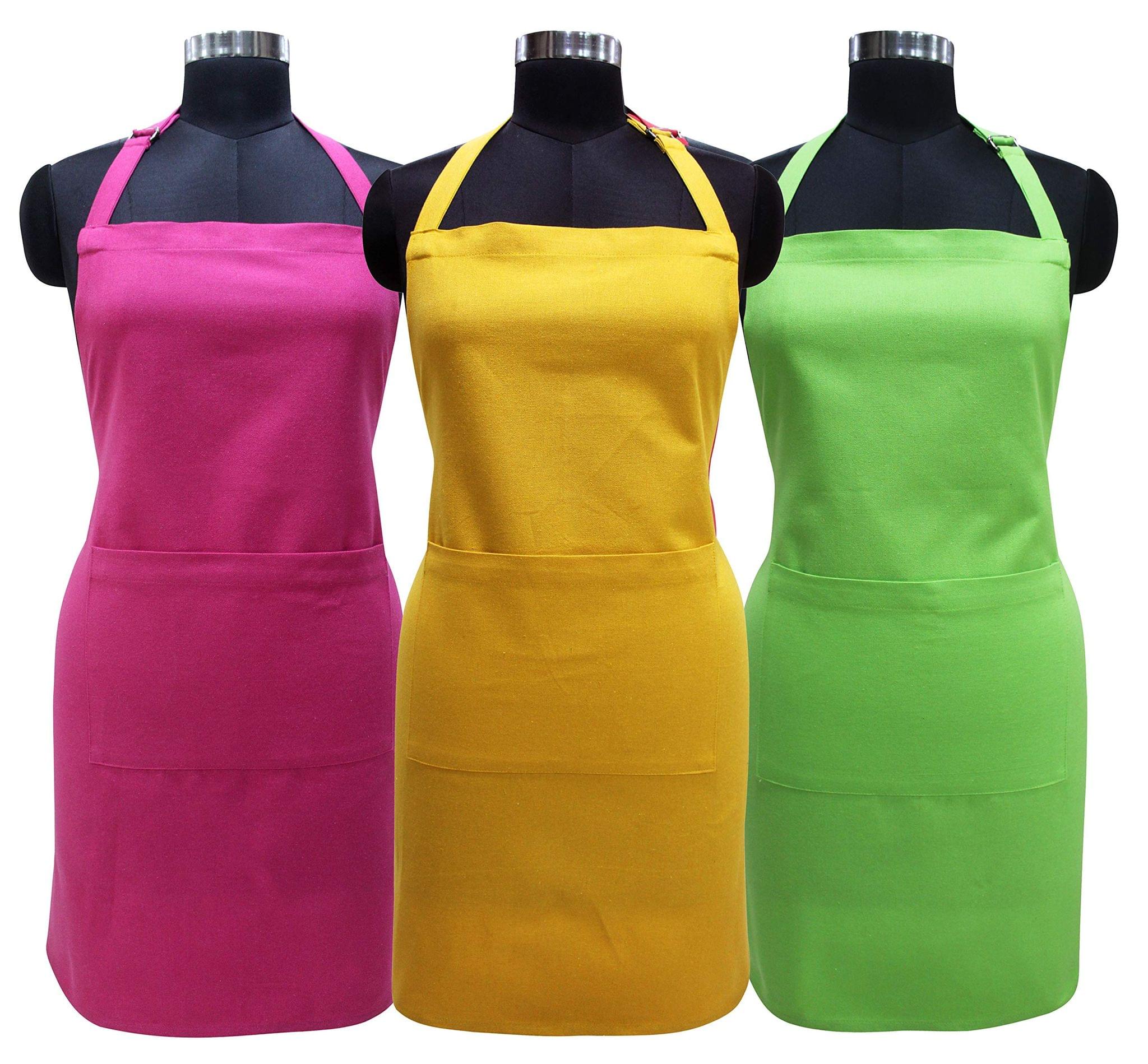 AIRWILL 100% Cotton Premium Quality Solid Pattern Free Sized Apron (Pink,Yellow,Green, Pack of 3)