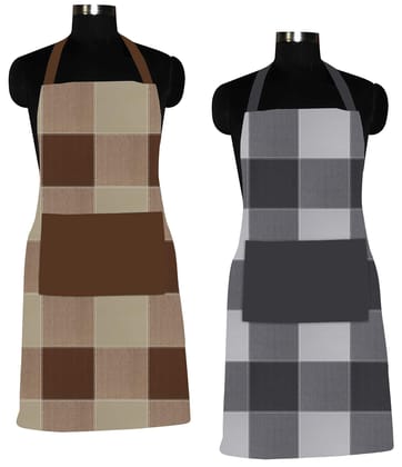 AIRWILL 100% Cotton Premium Quality Checkered Pattern Free Sized Apron (Brown,Black, Pack of 2)