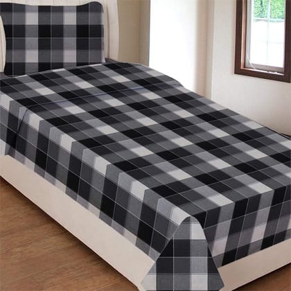 AIRWILL Cotton Self Designed Checks 200 GSM Single Bedsheet with 1 Pillow Cover (Black, Pack of 1 Set)