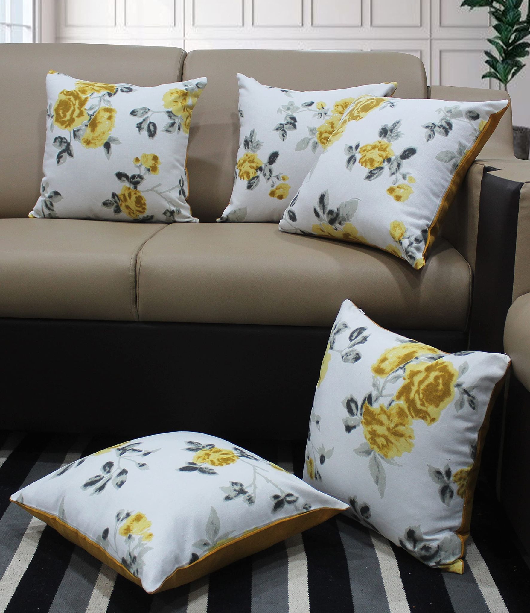 AIRWILL Cotton Elan Flower Themed Cushion Covers for Cushions & Pillows (Yellow & Black, Pack of 5)