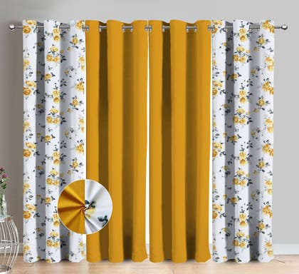 AIRWILL Cotton Elan Flower Floral & Solid Pattern Door Curtains 214 / 7ft Length - (Yellow, Pack of 4)