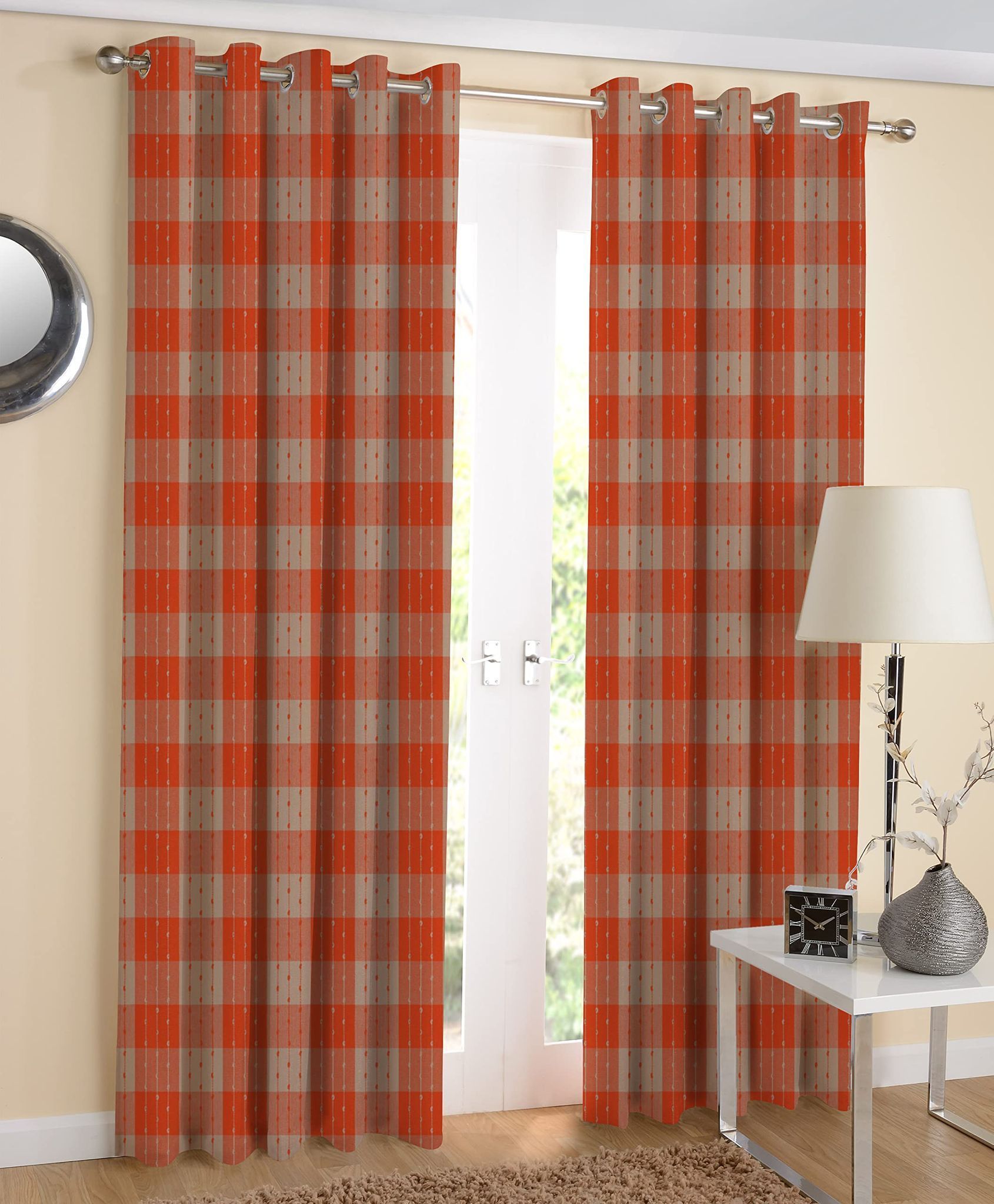 AIRWILL, Cotton Checkered Pattern Door - 4x7ft Curtains - (Pack of 2 pcs) - Orange, Beige