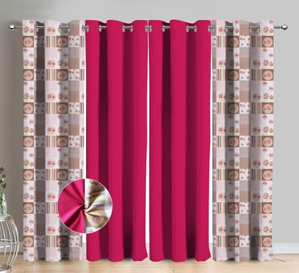 AIRWILL Cotton Check Flower Printed & Solid Pattern Window Curtains 153 / 5ft Length - (Pink, Pack of 4 Pieces)